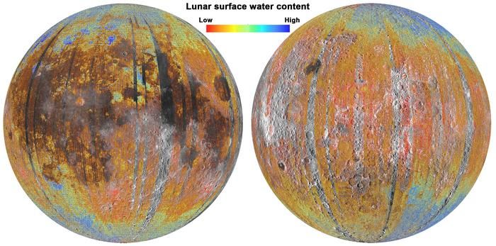 Two diagrams of the moon that show where water is located. 