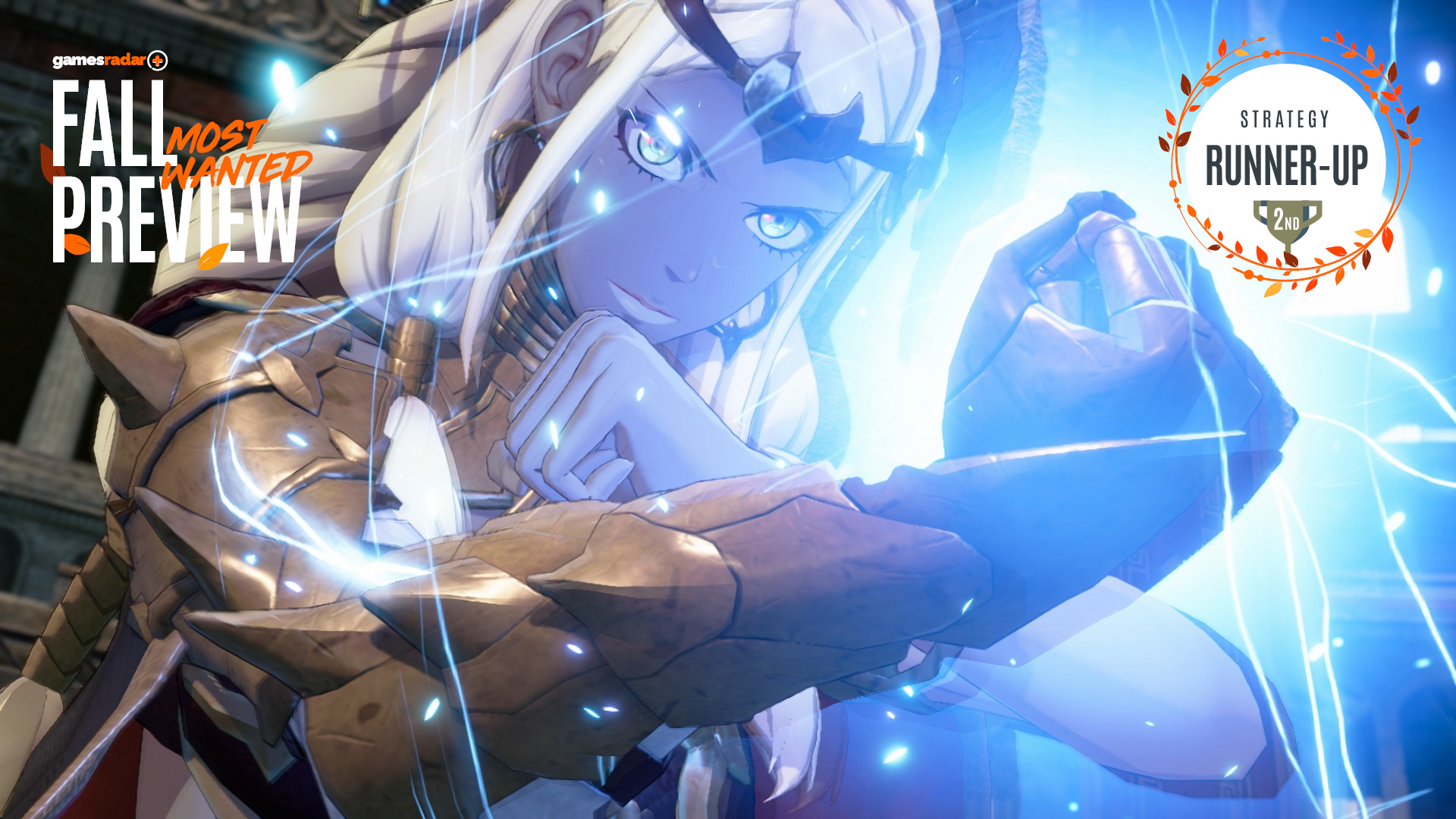 Theodora clasps her fist which glows blue with energy in Fire Emblem Fortune's Weave, with the GamesRadar+ Fall Preview badge