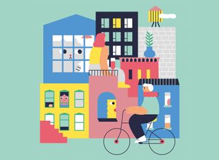 colourful illustration of houses and bikes