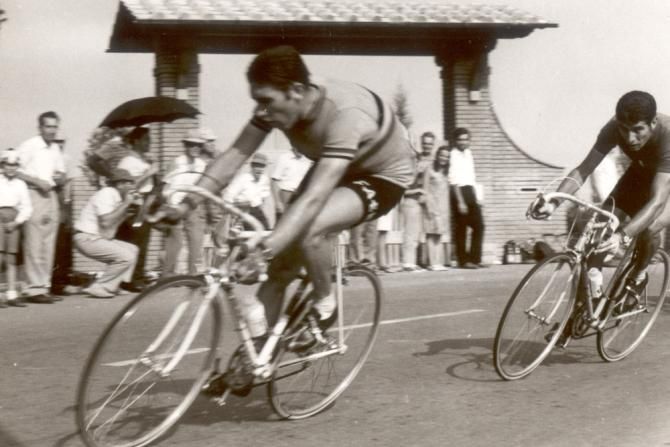 1968 Worlds: Cycling legends Eddy Merckx (Belgium) and Felice Gimondi (Italy) in action in Imola, Italy