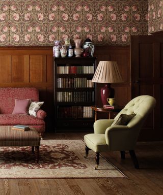 Studio McGee wallpaper exact match in a living room, traditional decor with William Morris wallpaper