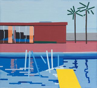 Painting with abstract shapes of a building and pool