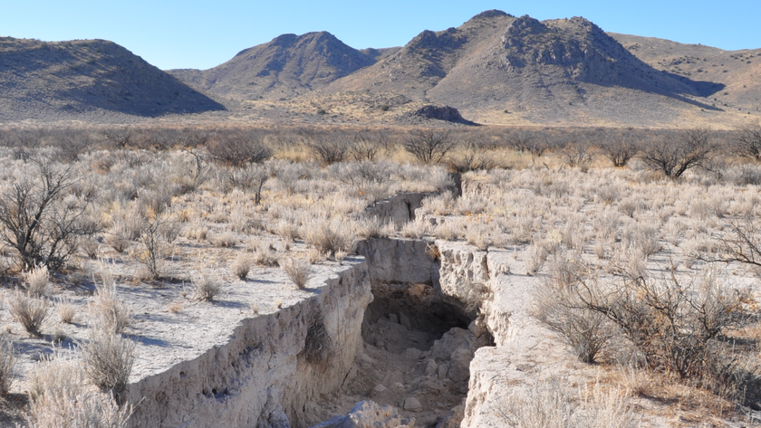 A photograph of a massive crack in the ground of Arizona&#039;s Willcox Basin.