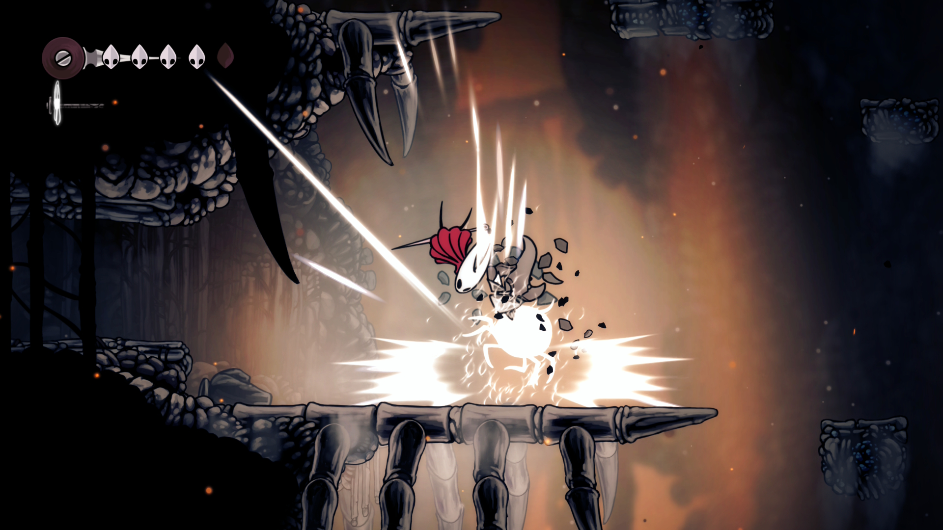 Hornet divebombs a skull enemy in Hollow Knight: Silksong