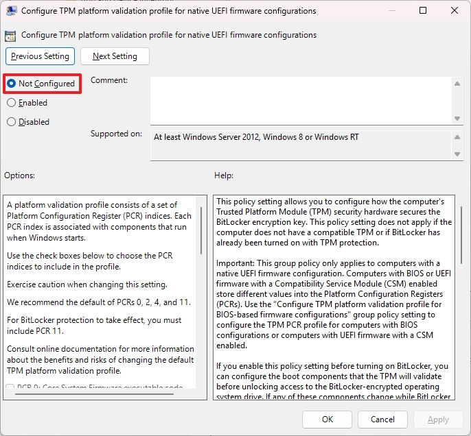 TPM validation profile for UEFI policy