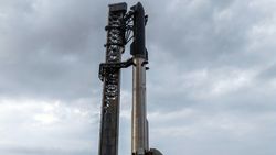 SpaceX Starship Flight 12 stands atop launch pad before May 2026 test flight under cloudy skies