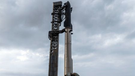 SpaceX Starship Flight 12 stands atop launch pad before May 2026 test flight under cloudy skies