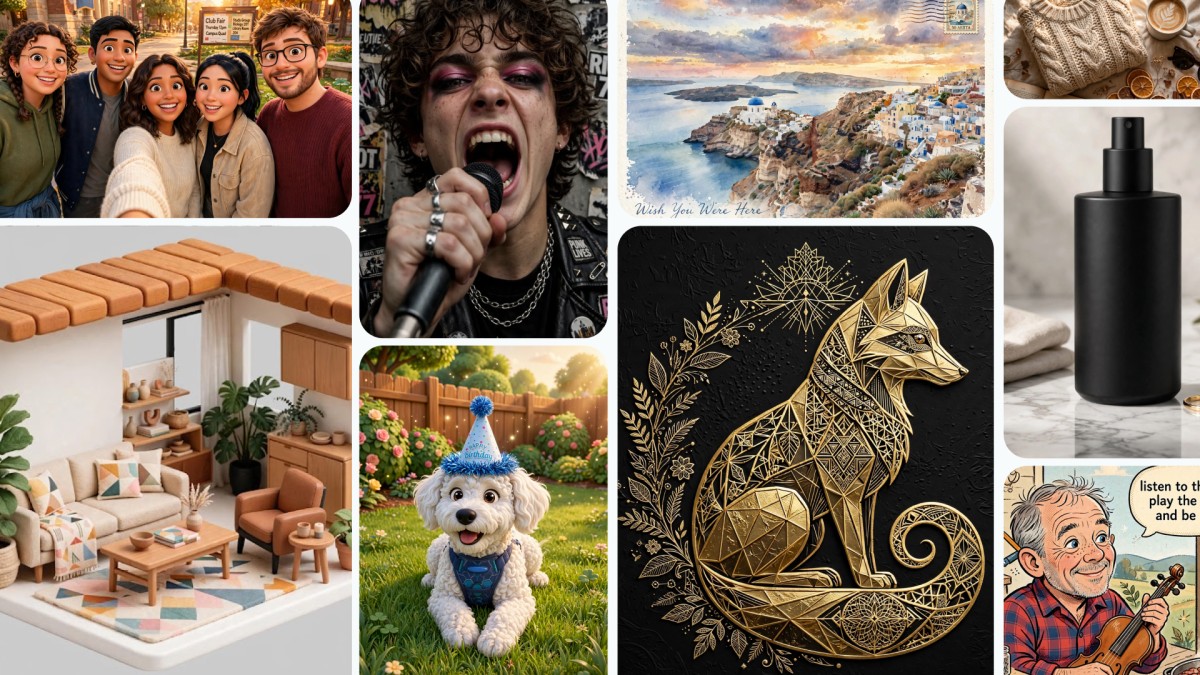 A collage of diverse images including a group of animated friends taking a selfie, a person singing passionately into a microphone, a scenic coastal view, a miniature living room setup, a dog wearing a birthday hat, an intricate gold fox illustration, a black spray bottle, and a cartoon man playing a fiddle.