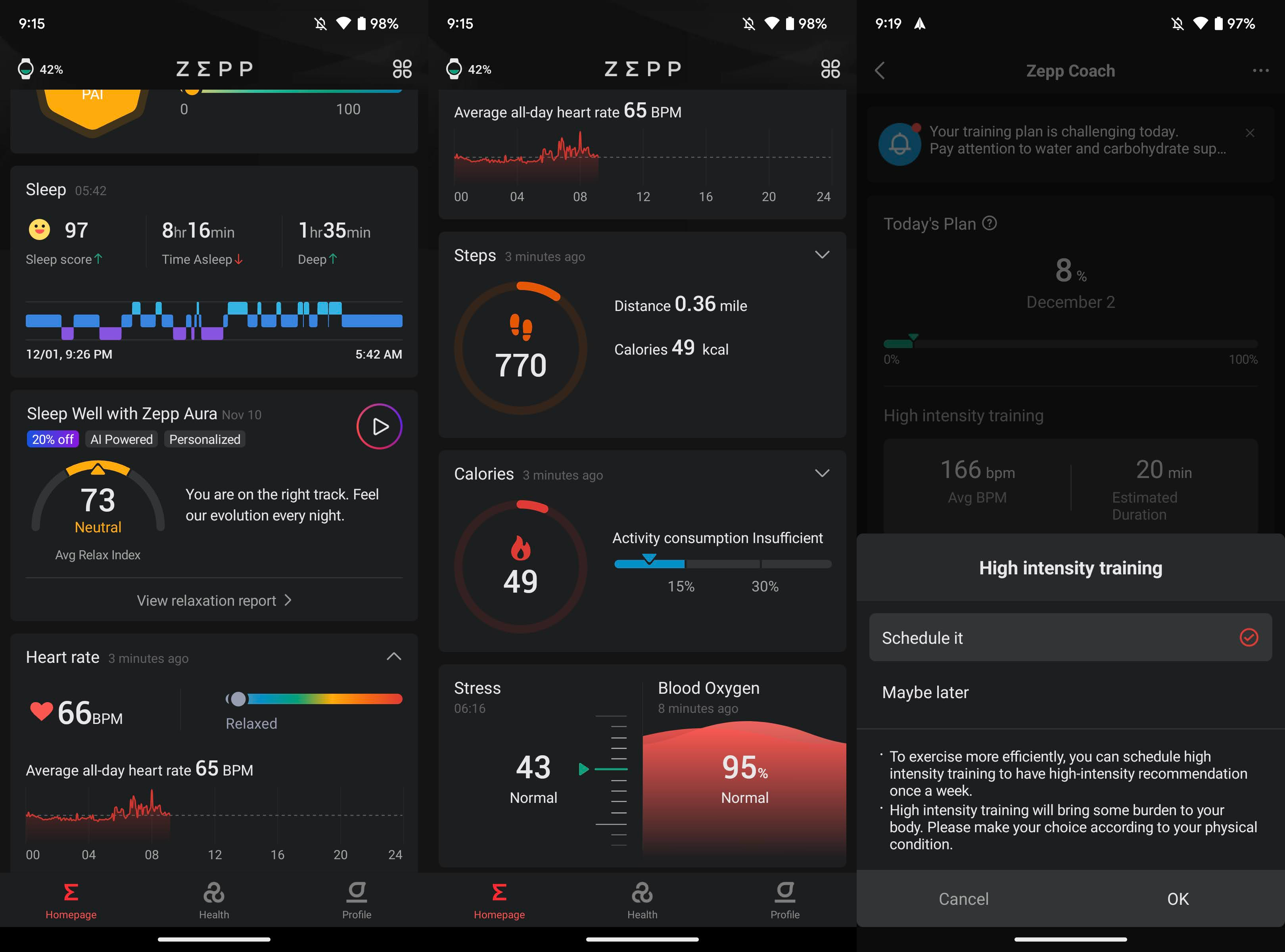 Amazfit Falcon screenshots from Zepp app