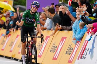 HADERSLEV DENMARK AUGUST 27 Cecilie Uttrup Ludwig of Denmark and Team FDJSuez Green Points Jersey celebrates at finish line as stage winner during the 9th Tour of Scandinavia 2023 Battle Of The North Stage 5 a 1439km stage from Middelfart to Haderslev UCIWWT on August 27 2023 in Haderslev Denmark Photo by Luc ClaessenGetty Images