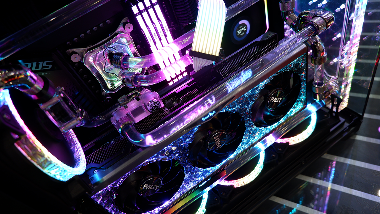 Three Palit RTX 4090 graphics cards on display at Computex 2024.