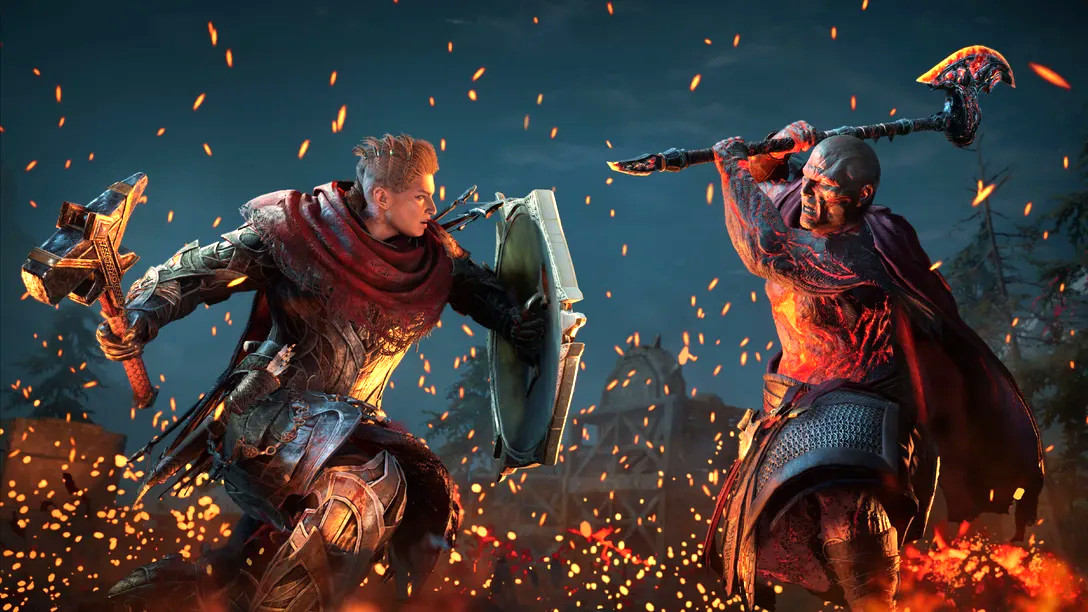 A female Viking warrior fighting Surtr in Assassin's Creed Valhalla: Dawn of Ragnarok