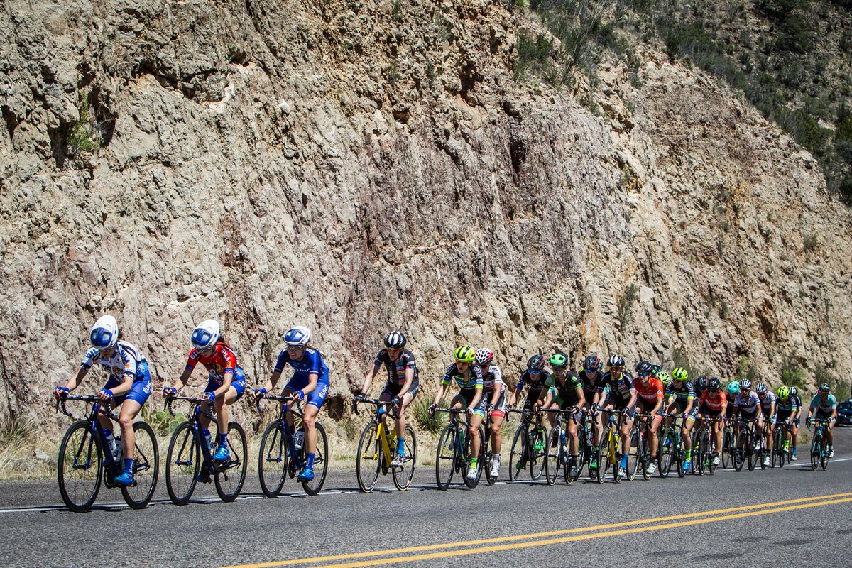 The women get strung out while chasing hard during stage 2 at Tour of the Gila.