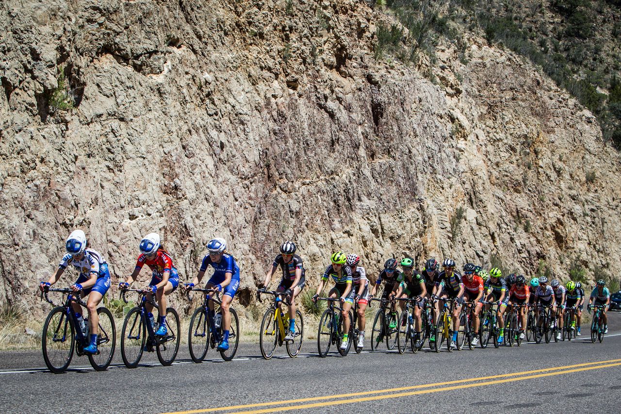 The women get strung out while chasing hard during stage 2 at Tour of the Gila.