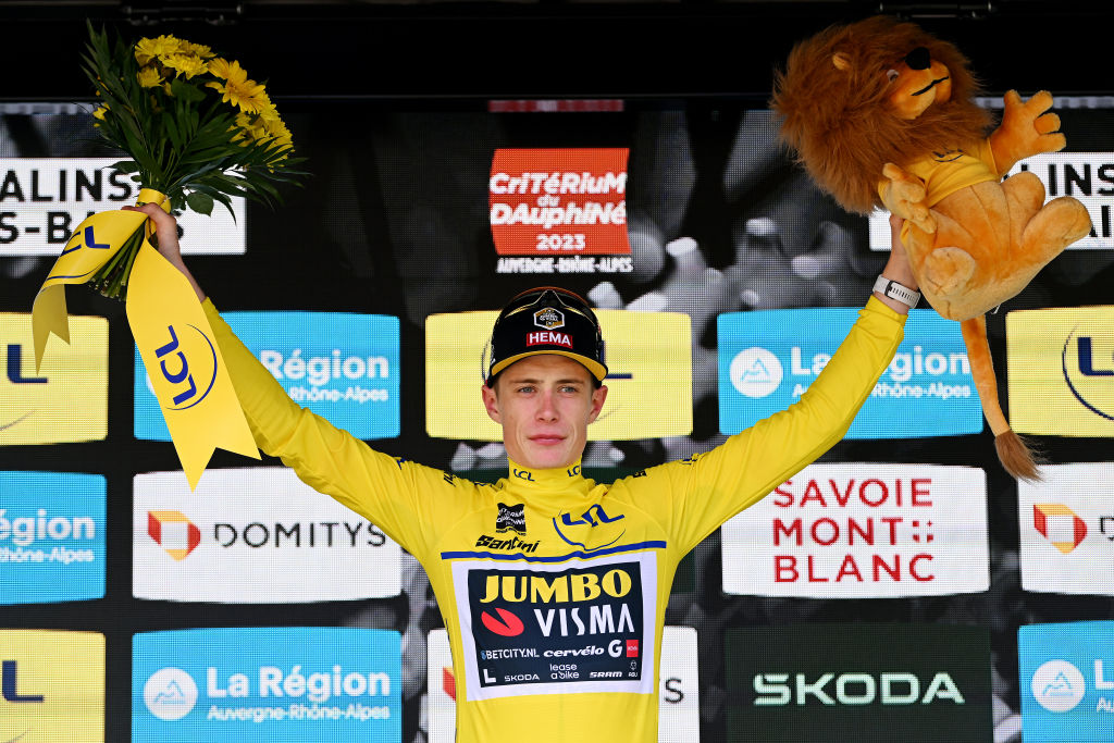 SALINSLESBAINS JUNE 08 Jonas Vingegaard of Denmark and Team JumboVisma celebrates at podium as Yellow leader jersey winner during the 75th Criterium du Dauphine 2023 Stage 5 a 1911km stage from CormoranchesurSane to SalinslesBains UCIWT on June 08 2023 in SalinslesBains France Photo by Dario BelingheriGetty Images