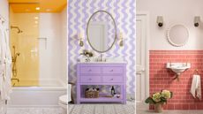 Three bathroom images collated together - one with a yellow ceiling and white bath tub, one with a wavy purple wall design and solid lavender colored sink unit, and one with a dusky pink tiled wall, white sink and round bobble-framed mirror