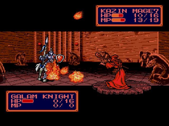 Best JRPGs - A mage casts a fiery magic attack on a knight in Shining Force 2.