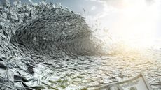 An illustration of a wave made up of $100 dollar bills.