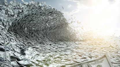 An illustration of a wave made up of $100 dollar bills.