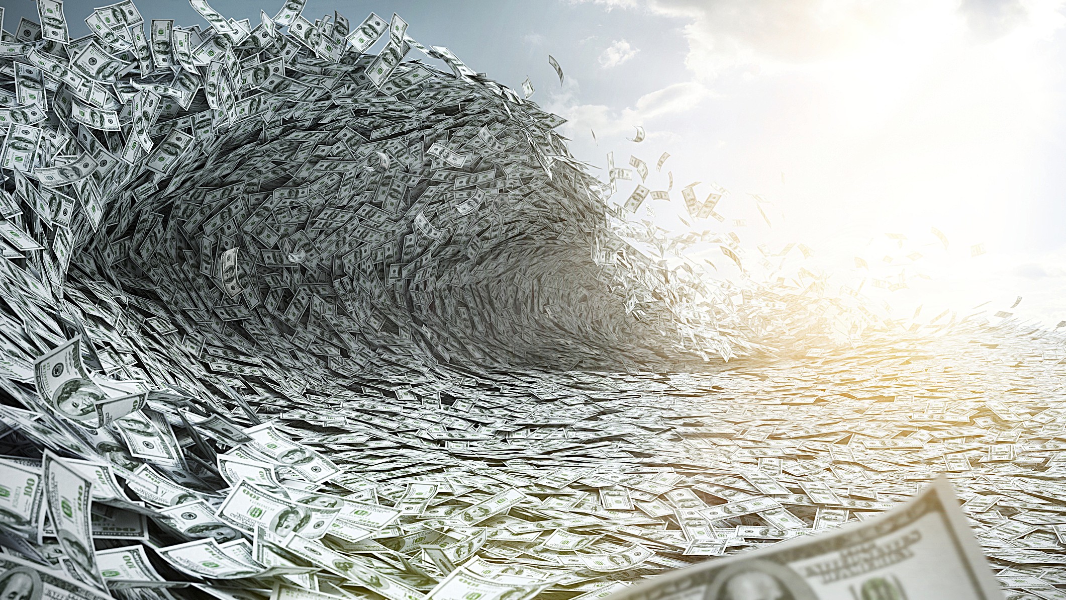 An illustration of a wave made up of $100 dollar bills.