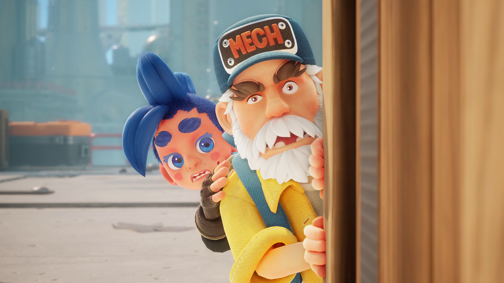 A grandfather and a granddaughter peer out from behind a wall in co-op adventure, Age Twisters
