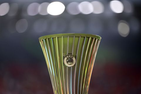 A detailed view of the UEFA Europa Conference League Trophy is seen prior to the UEFA Conference League final match between AS Roma and Feyenoord at Arena Kombetare on May 25, 2022 in Tirana, Albania.