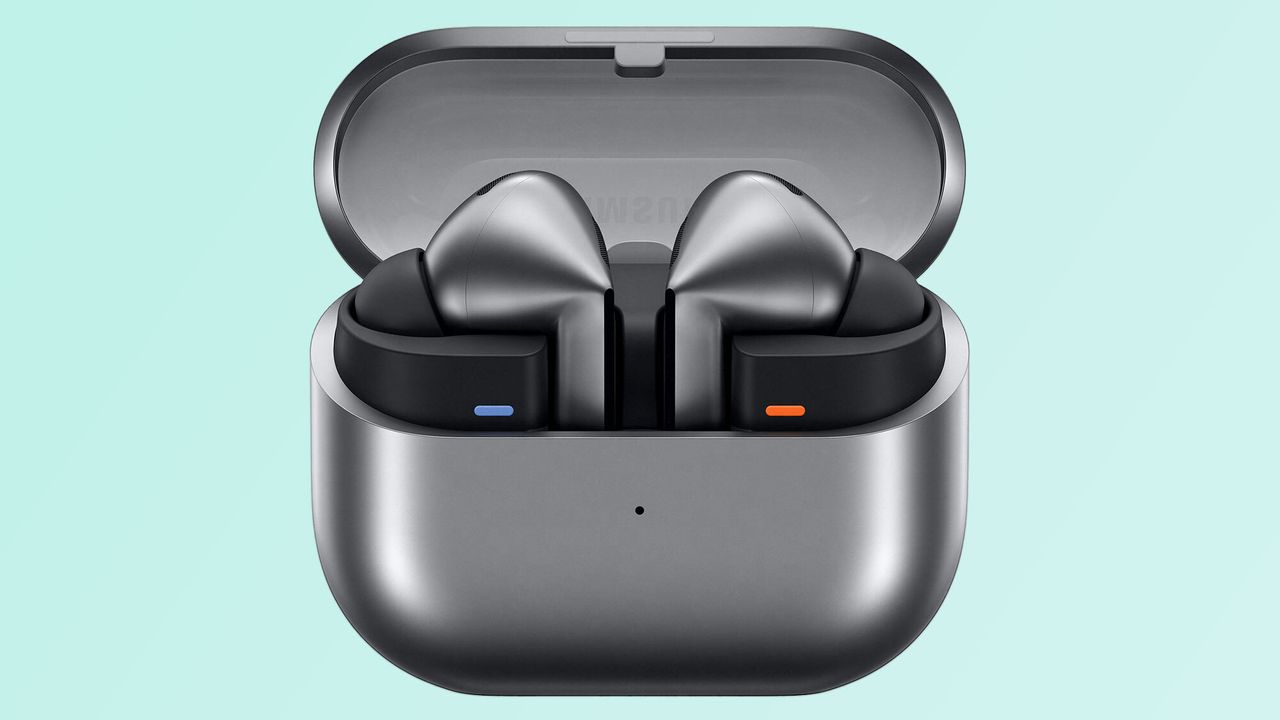 Leaked images of the Samsung Galaxy Buds 3 charging case. The case is black and the earbuds are black. Teal background