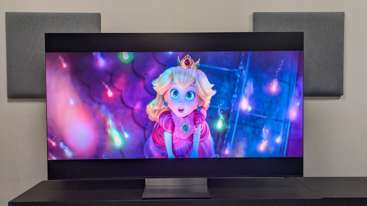 Samsung R95H with shot of Peach looking at Lumas from The Super Mario Galaxy Movie on screen. Colors are vivid and bright