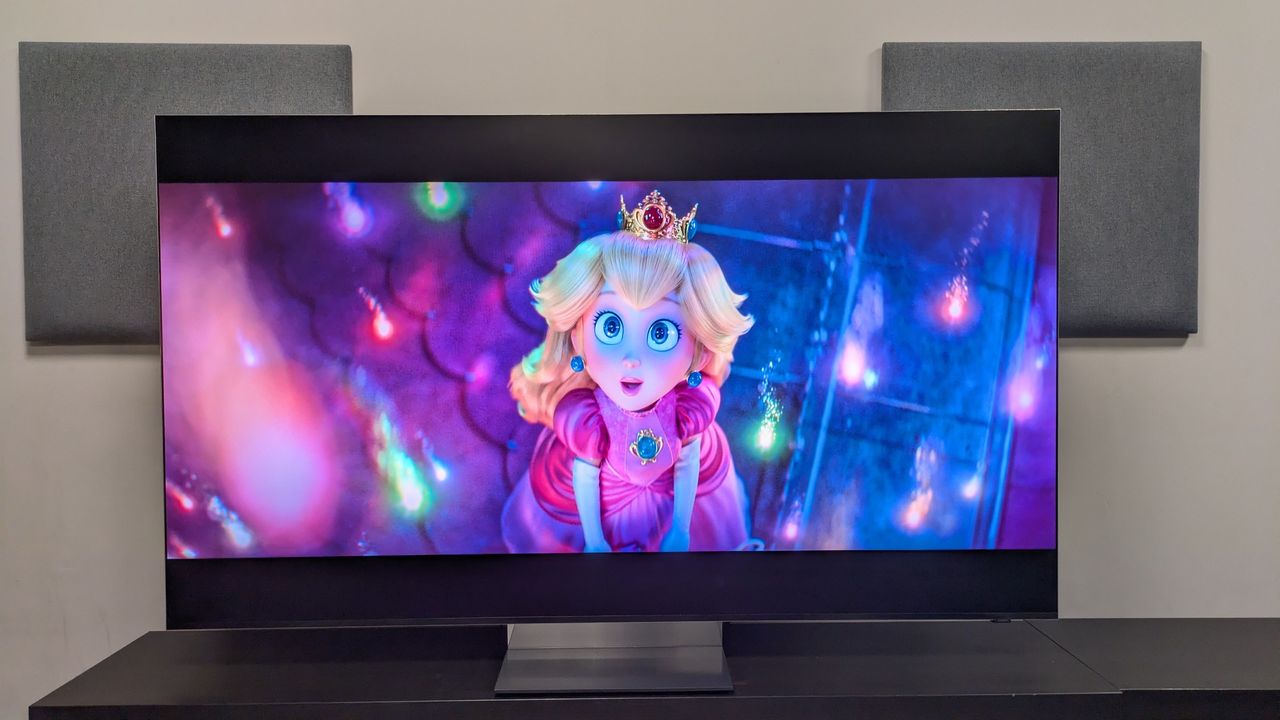 Samsung R95H with shot of Peach looking at Lumas from The Super Mario Galaxy Movie on screen. Colors are vivid and bright