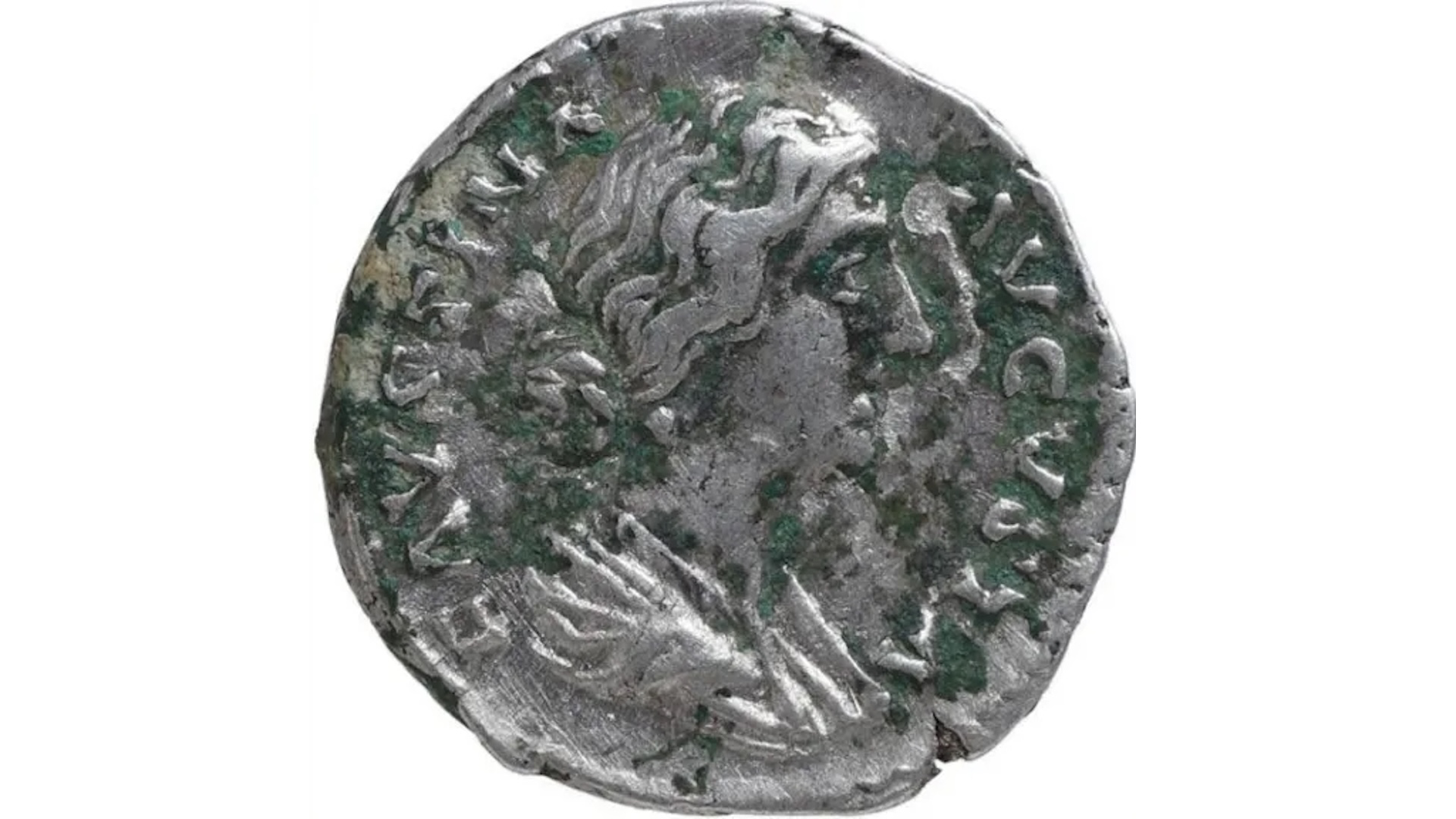 A silver Roman coin with the profile of a woman