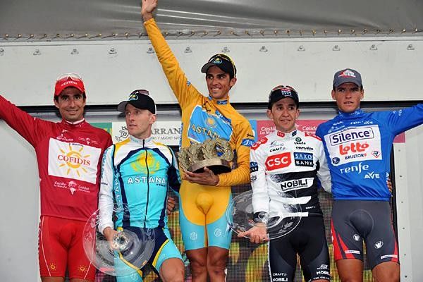 Race winner Alberto Contador (Astana) tops the podium with David Moncouti&eacute; (Cofidis), Levi Leipheimer (Astana), Carlos Sastre (CSC-Saxo Bank) and Greg Van Avermaet (Silence-Lotto).