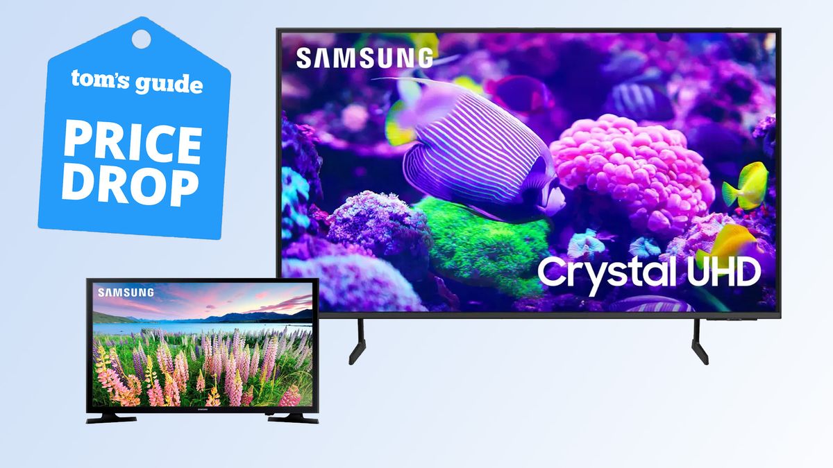 Two Samsung TVs on a blue background