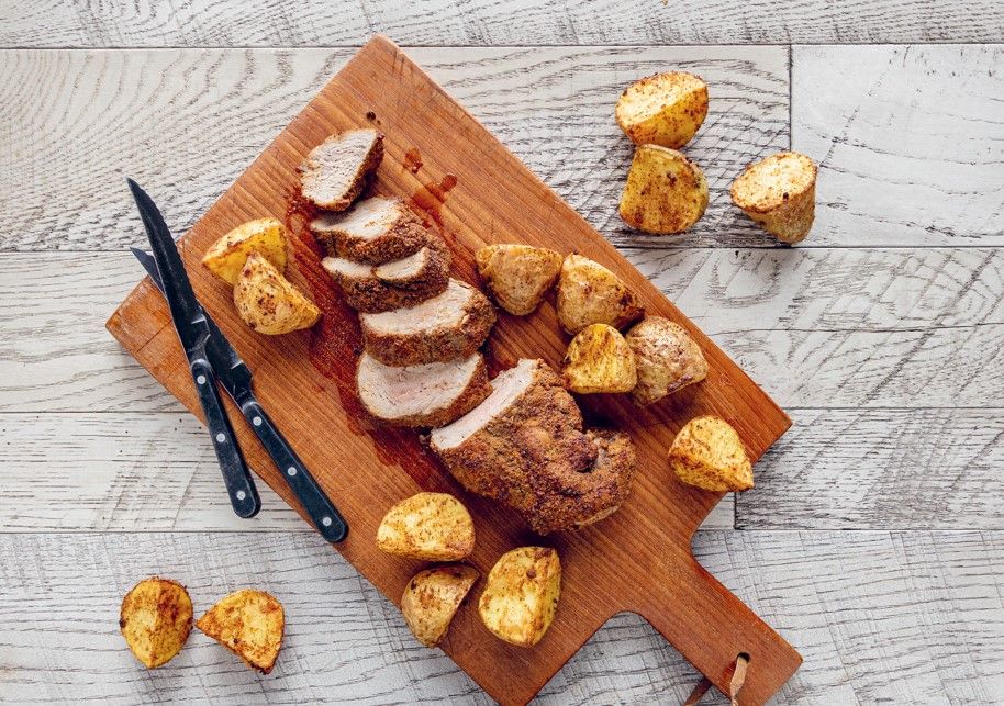 Air fryer cumin-crusted pork tenderloin and potatoes