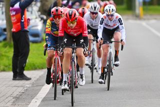 WEVELGEM BELGIUM MARCH 24 LR Shirin Van Anrooij of The Netherlands and Team LidlTrek and Marlen Reusser of Switzerland and Team SD WorxProtime compete in the breakaway during the 13rd GentWevelgem in Flanders Fields 2024 Womens Elite a 1712km one day race from Ieper to Wevelgem UCIWWT on March 24 2024 in Wevelgem Belgium Photo by Luc ClaessenGetty Images