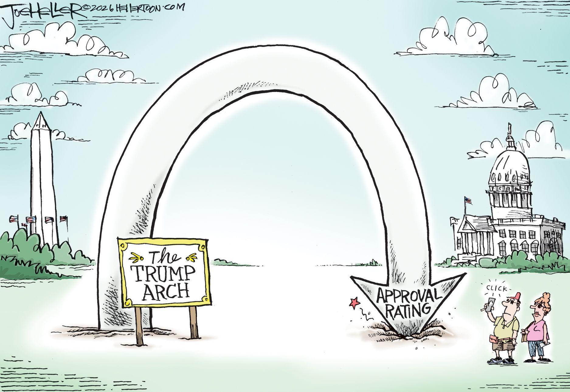 
                                A male and female tourist in Washington DC take a photo of “The Trump Arch.” The arch is an arrow that drops straight into the ground and is labeled “Approval Rating.”
                            