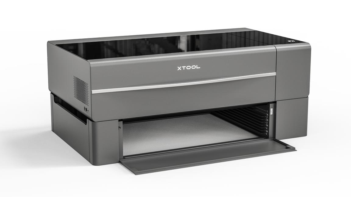 xTool P2: silver laser cutter on a raised stand