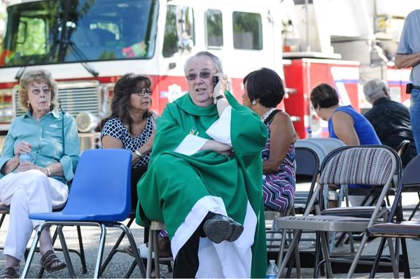 The scene outside of Holy Cross Catholic Church Sunday morning.