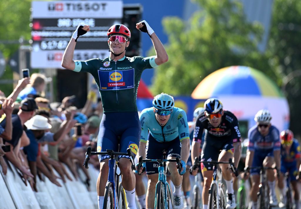 VILLINGENSCHWENNINGEN GERMANY AUGUST 24 Jonathan Milan of Italy and Team Lidl Trek Green Points Jersey celebrates at finish line as stage winner during the 39th Deutschland Tour 2024 Stage 3 a 2111km stage from Schwbisch Gmnd to VillingenSchwenningen UCIWT on August 24 2024 in VillingenSchwenningen Germany Photo by Christian KasparBartkeGetty Images