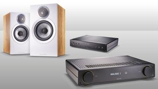 Bowers & Wilkins 607 S3 in oak, Arcam A5 and Arcam CD5 on grey background
