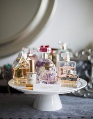 Perfume, Serveware, Glass bottle, Bottle, Dishware, Lavender, Cosmetics, Home accessories, Still life photography, Silver,