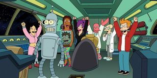 The cast of Futurama in one of their many spaceships.