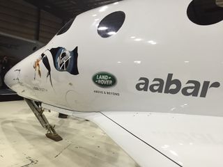 A close up of the nose of Virgin Galactic's VSS Unity, the second SpaceShipTwo space plane made by the company.