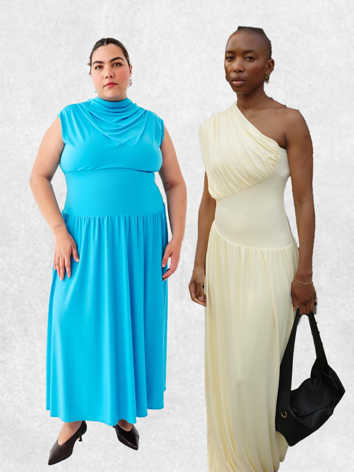 Two women wearing draped dresses.
