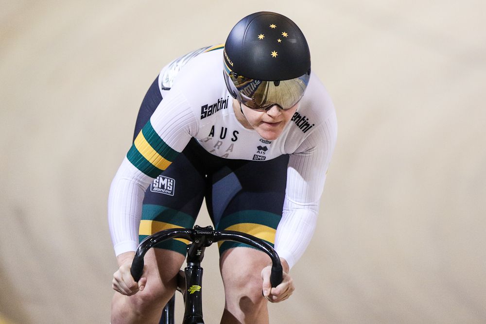 Stephanie Morton of Australia takes part in a qualifying round for the women's sprint during the UCI Track Cycling World Championships