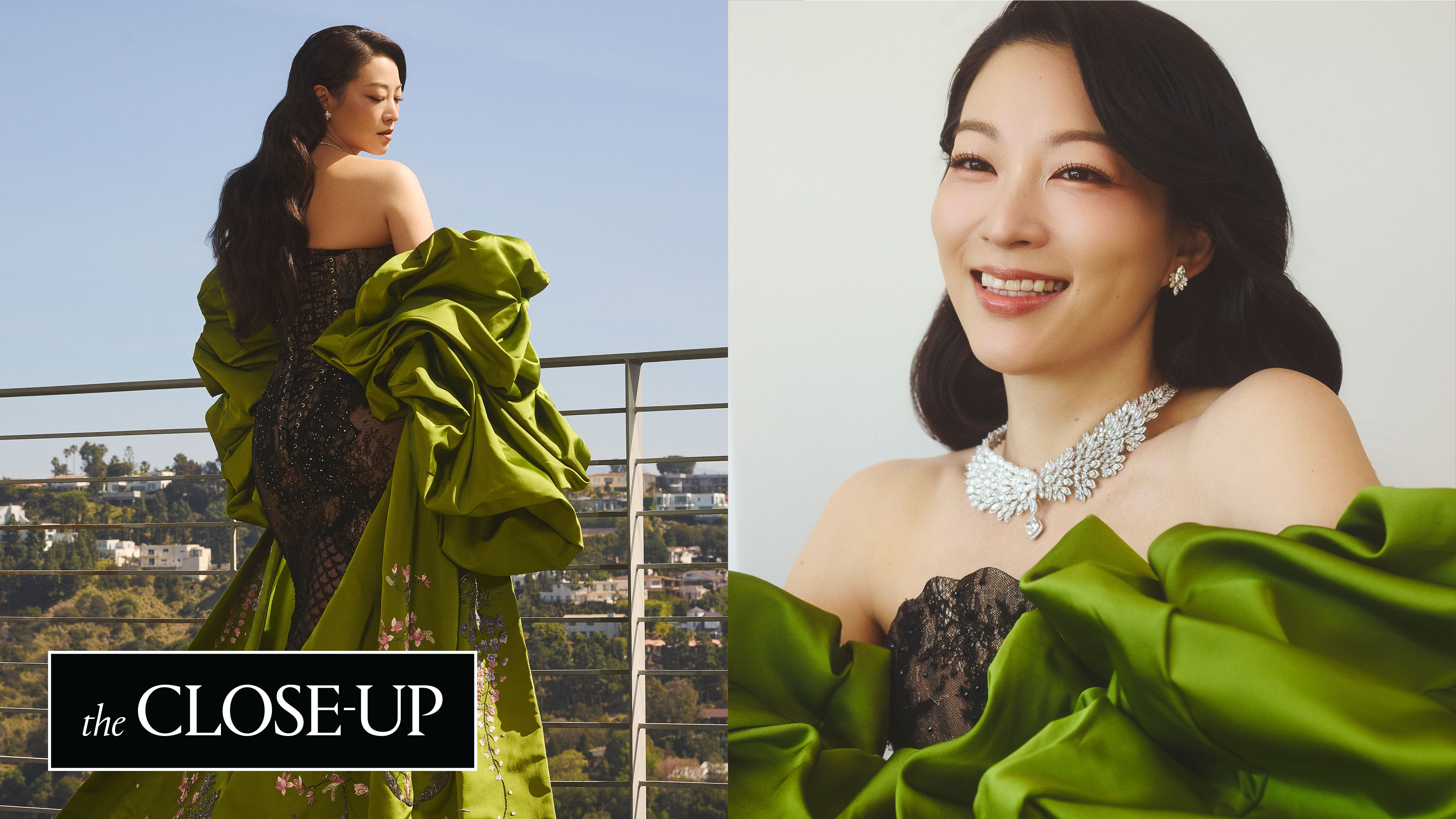 Arden Cho at the 2026 Oscars red carpet in a dress and statement sleeves from Korean designer Miss Sohee