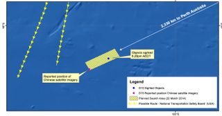 map showing possible debris from Flight 370 and search area.