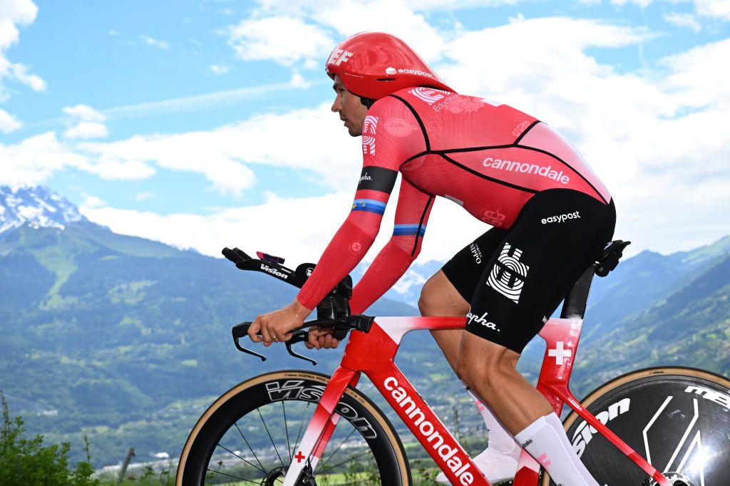 VILLARSSUROLLON SWITZERLAND JUNE 16 Stefan Bissegger of Switzerland and Team EF EducationEasyPost sprints during the 87th Tour de Suisse 2024 Stage 8 a 157km individual time trial stage from Aigle to VillarssurOllon 1249m UCIWT on June 16 2024 in VillarssurOllon Switzerland Photo by Tim de WaeleGetty Images