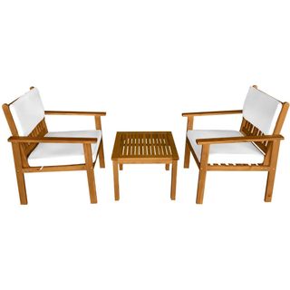 A wooden patio set with two chairs and white cushions