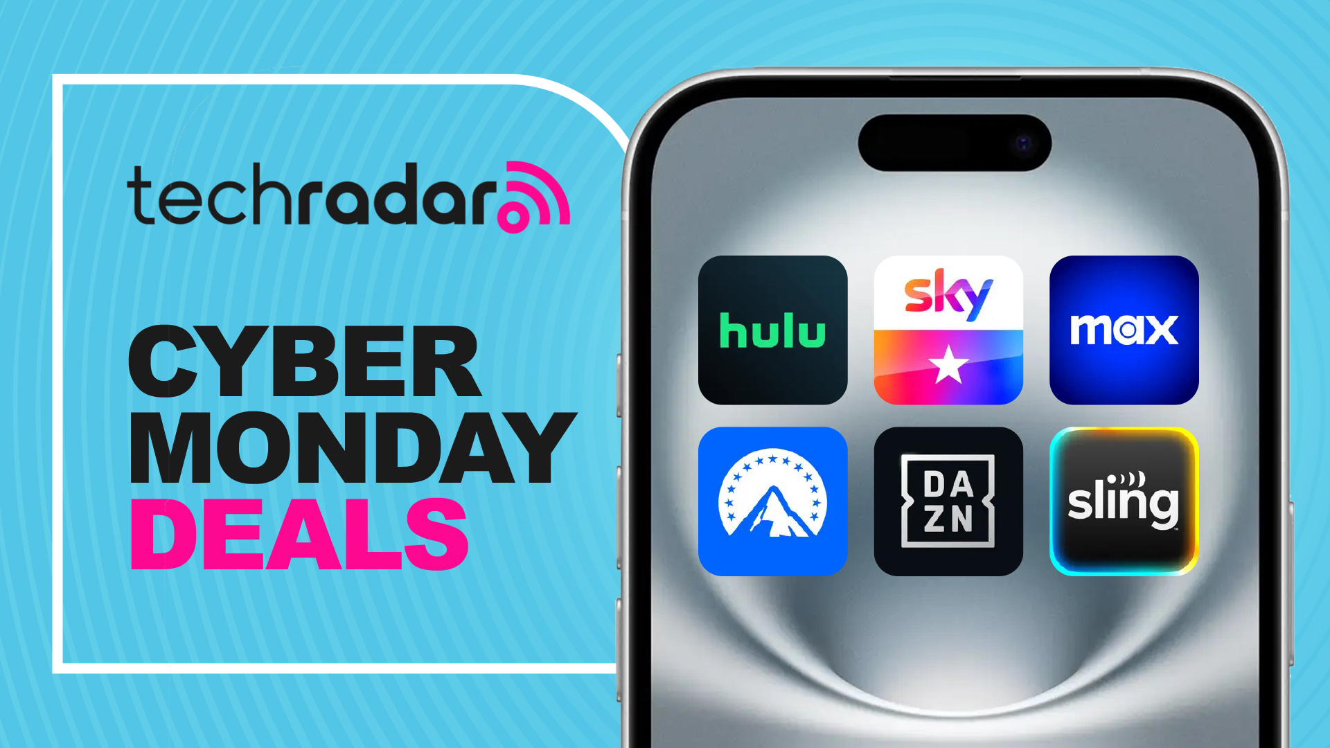 An iPhone with the logos of major streaming services on it and a sign that says “Cyber ​​Monday Deals.”