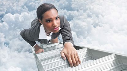 A determined-looking woman climbs a ladder into the clouds.